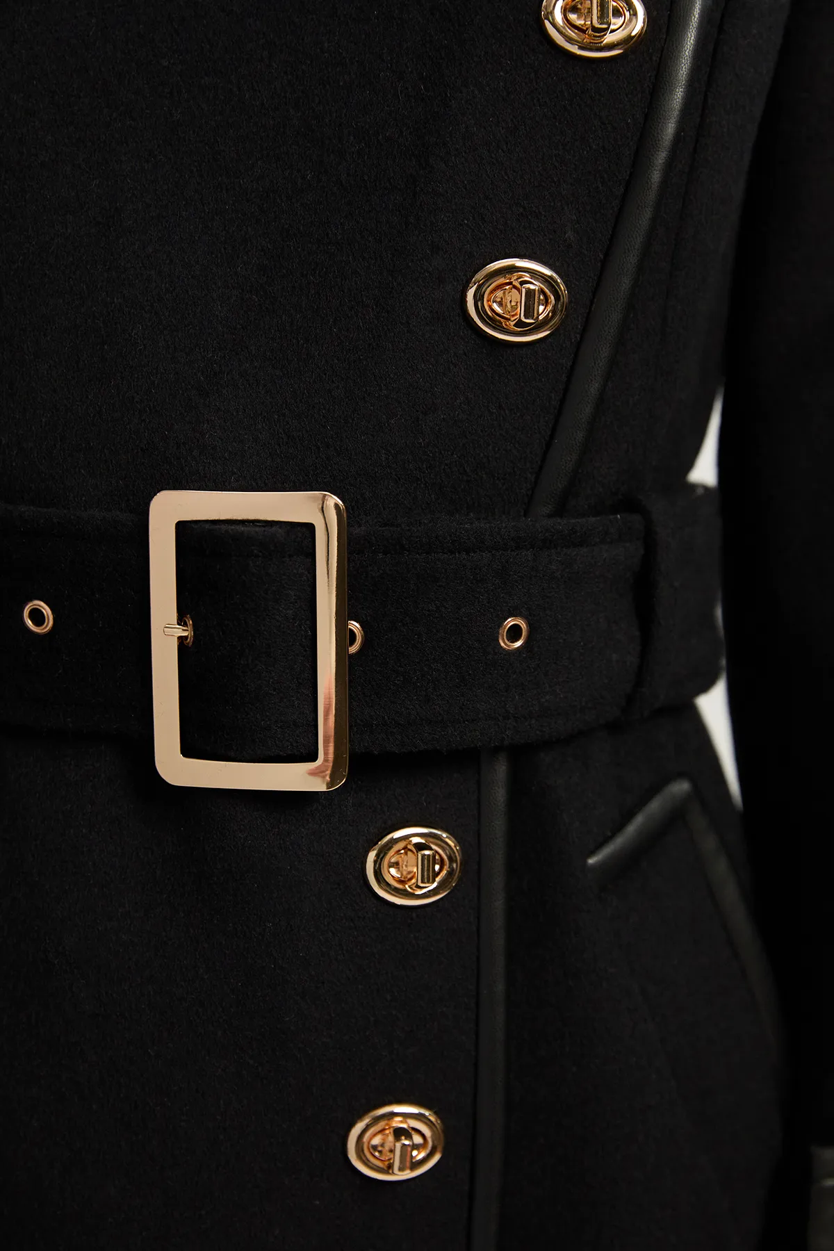 Brushed Wool Pu Mix Gold Trim Belted Midi Coat BKK25362 5 Brushed Wool Pu Mix Gold Trim Belted Midi Coat BKK25362