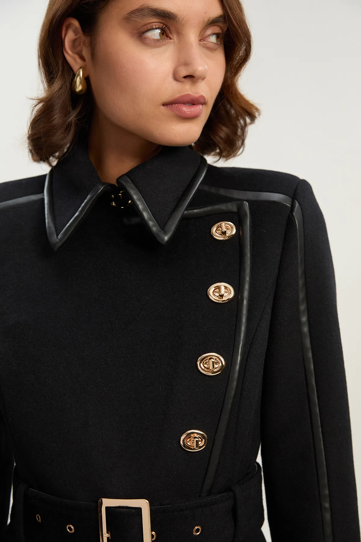 Brushed Wool Pu Mix Gold Trim Belted Midi Coat BKK25362 6 Brushed Wool Pu Mix Gold Trim Belted Midi Coat BKK25362