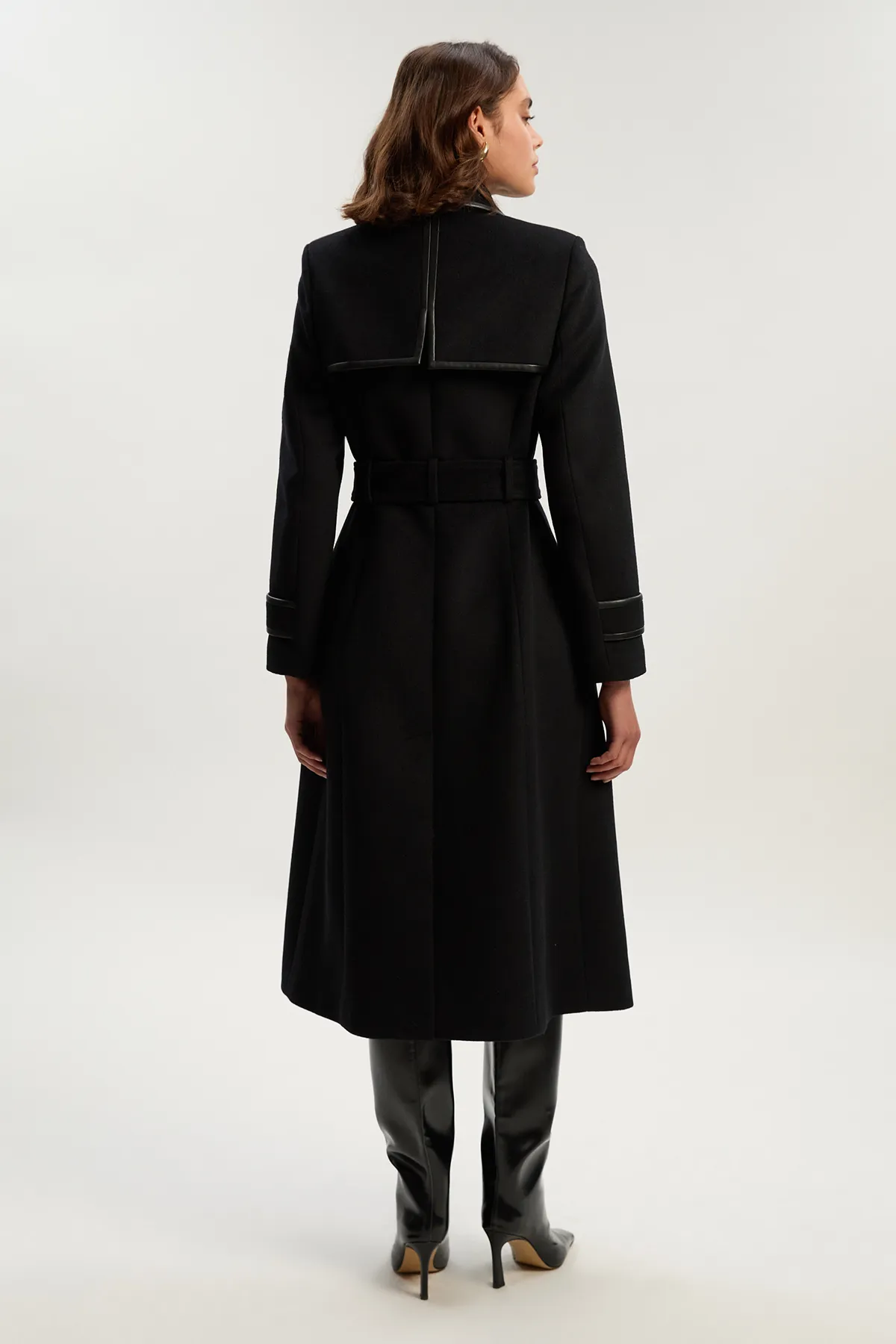 Brushed Wool Pu Mix Gold Trim Belted Midi Coat BKK25362 7 Brushed Wool Pu Mix Gold Trim Belted Midi Coat BKK25362