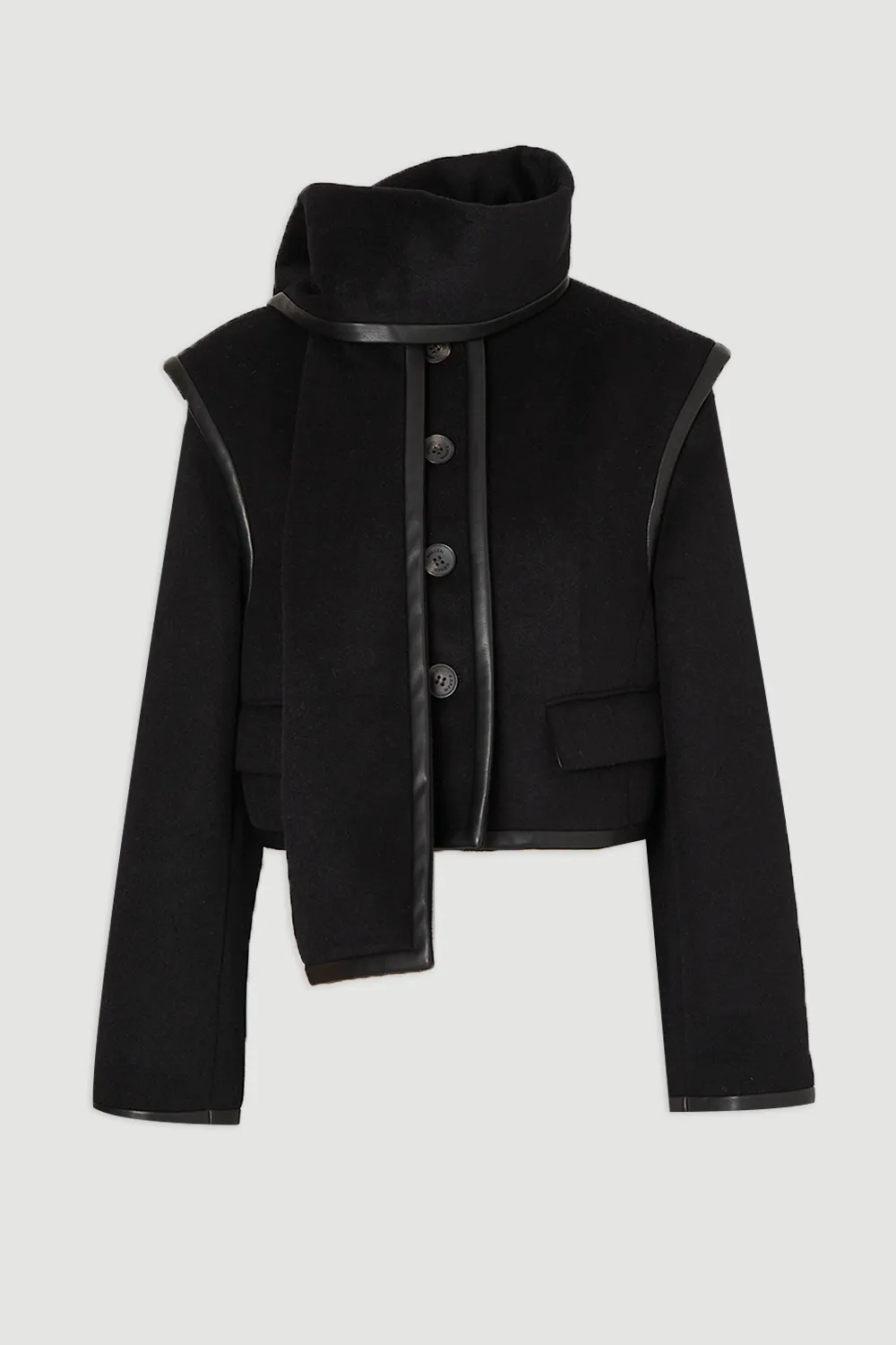 Brushed Wool Pu Mix Detachable Scarf Tailored Crop Coat BKK25364 4 Brushed Wool Pu Mix Detachable Scarf Tailored Crop Coat BKK25364