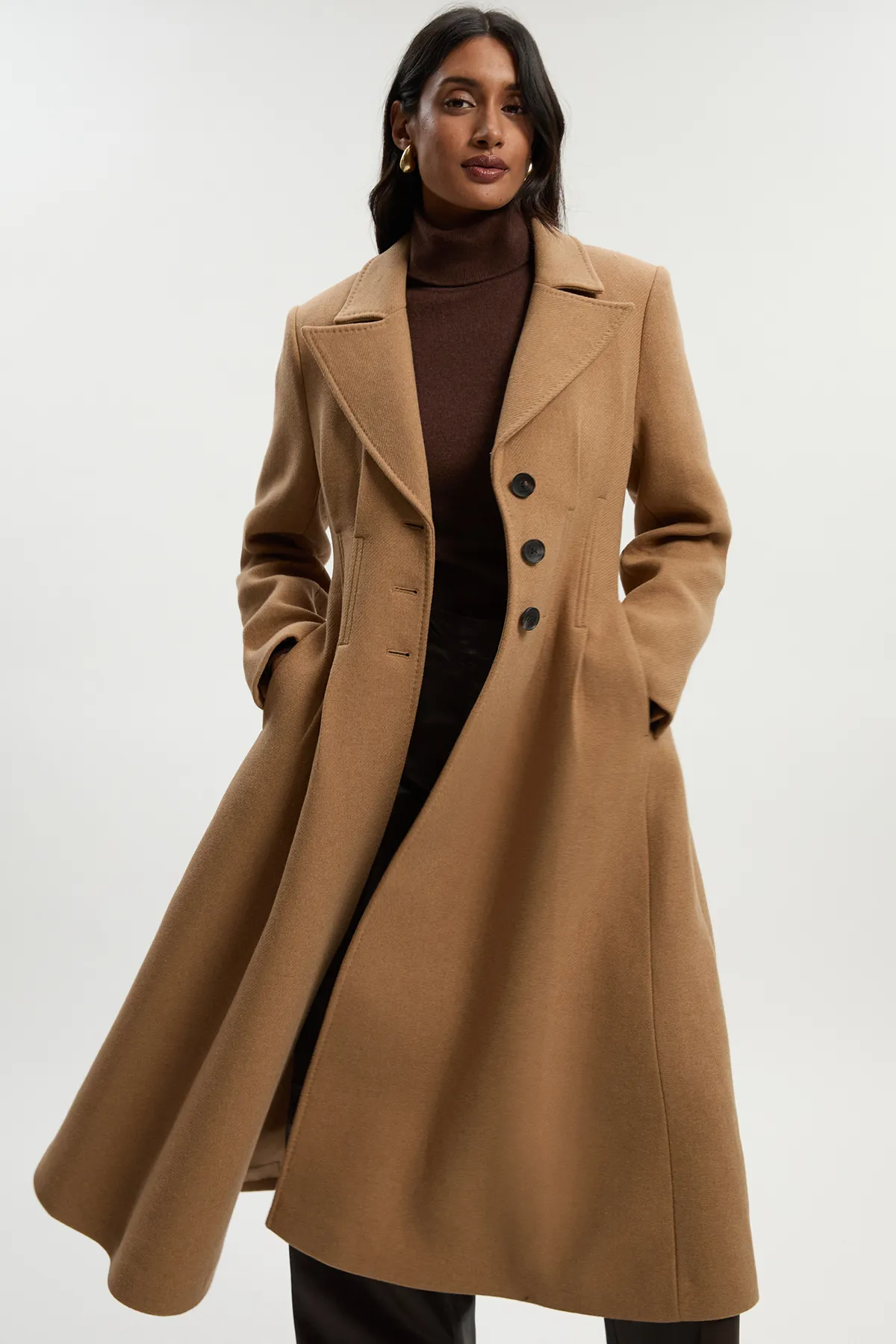 Wool Corset Detail Full Skirted Tailored Maxi Coat BKK25380