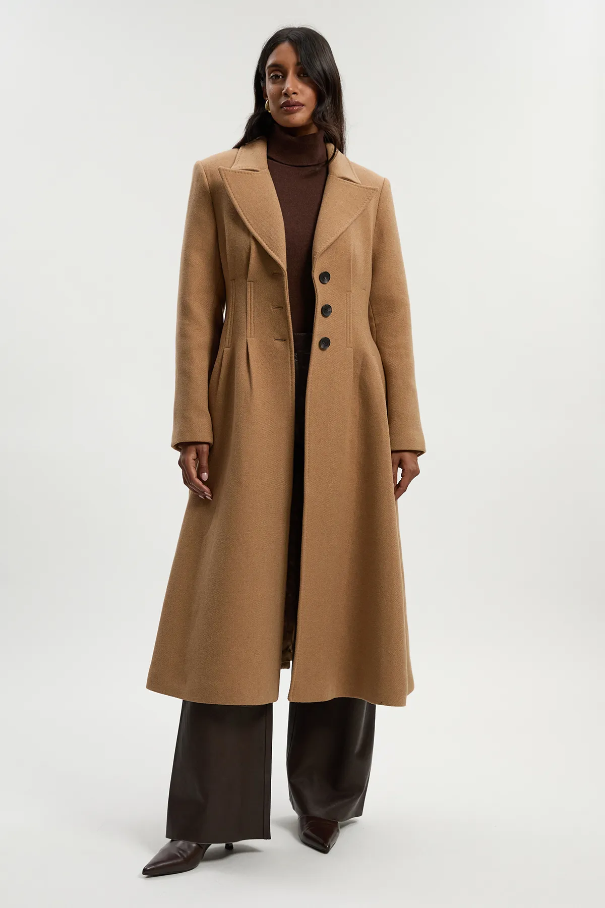 Wool Corset Detail Full Skirted Tailored Maxi Coat BKK25380