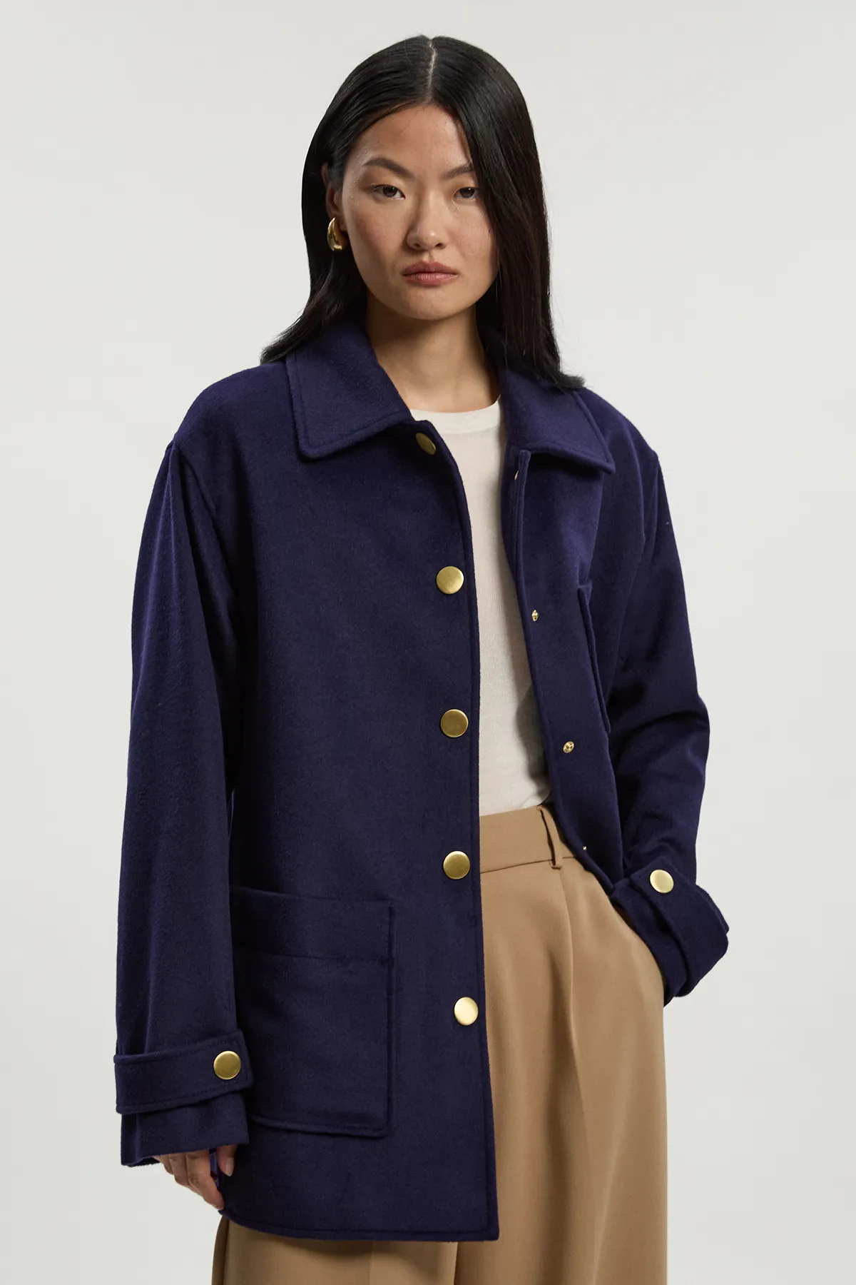 Brushed Wool Patch Pocket Tailored Medium Coat BKK25387