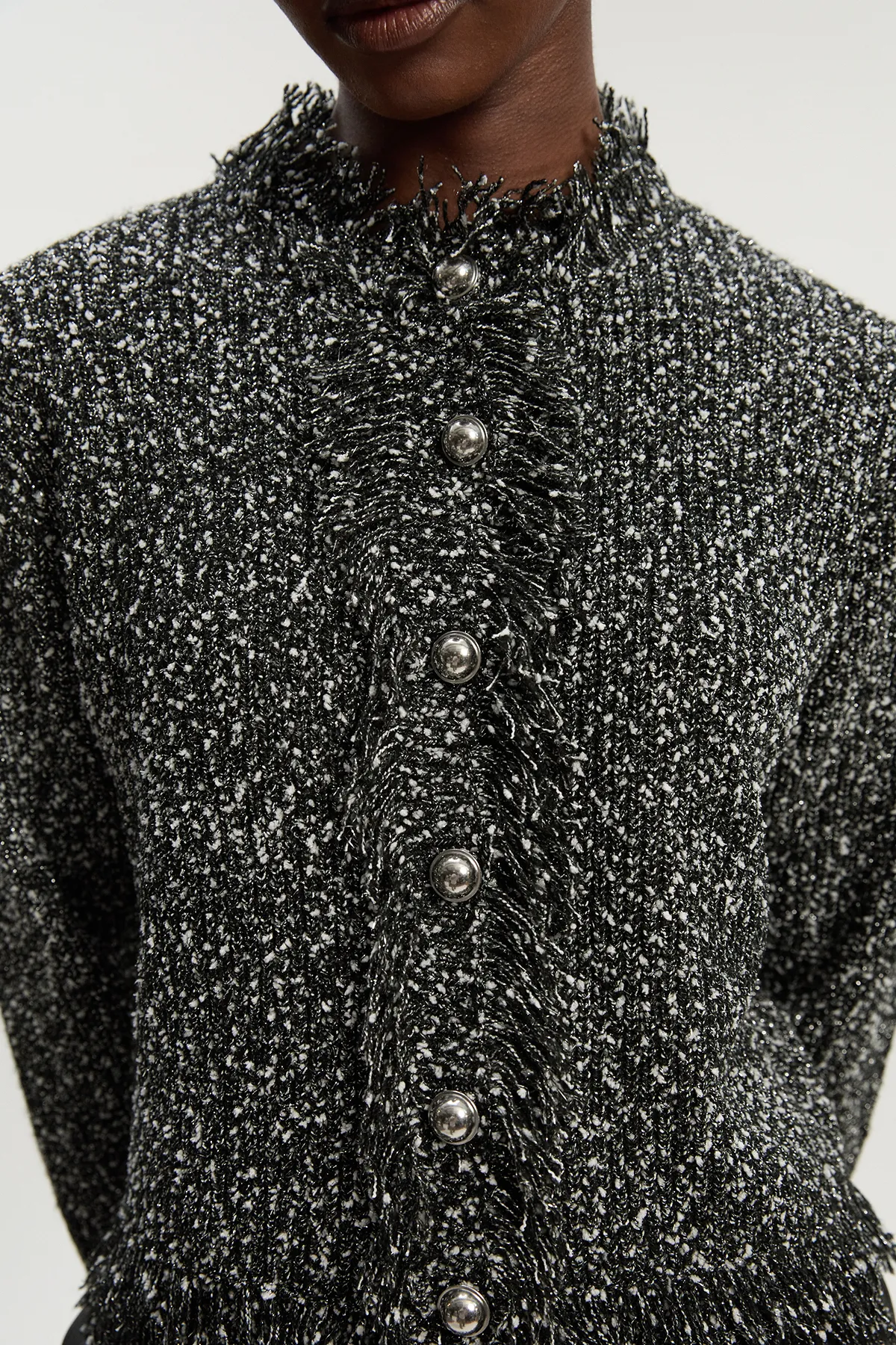 Tweed Yarn Fringe Detail Knitted Cardi BKK25407