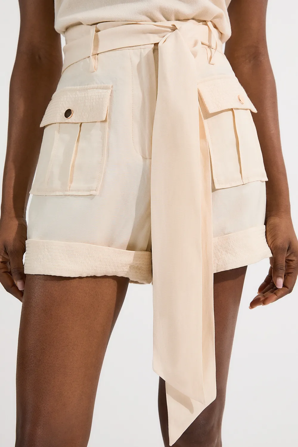 Linen Twill Top Stitch Belted Woven Short BKK25422