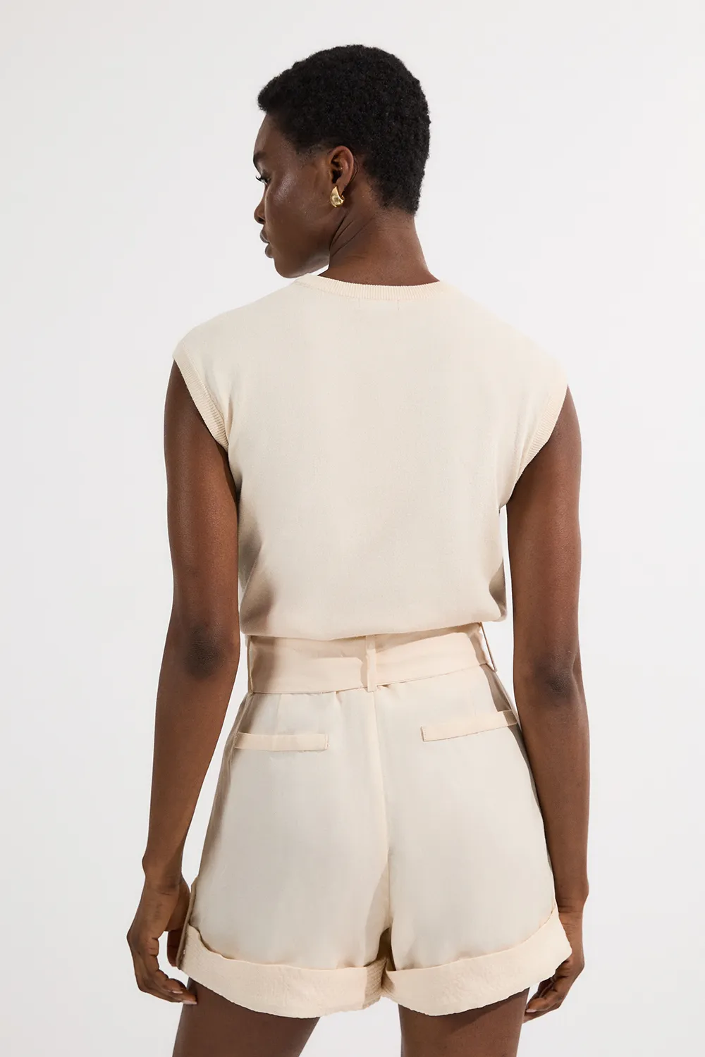 Linen Twill Top Stitch Belted Woven Short BKK25422