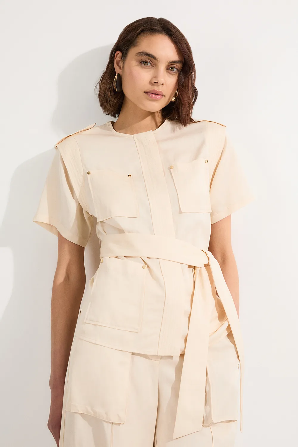 Linen Twill Top Stitch Belted Top With Gold Studs BKK25425