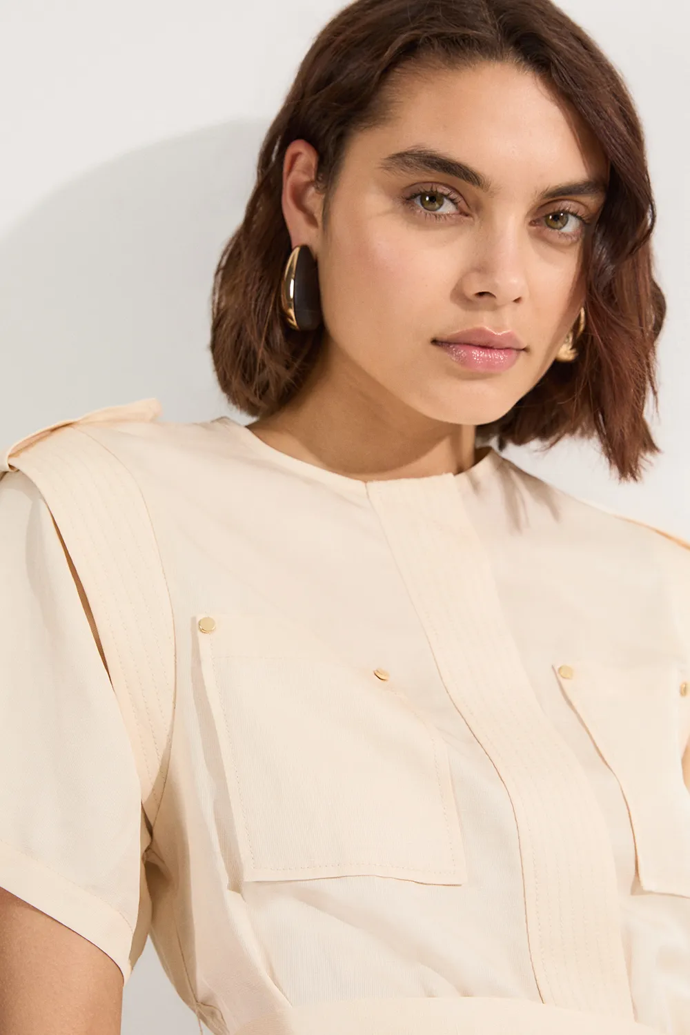 Linen Twill Top Stitch Belted Top With Gold Studs BKK25425