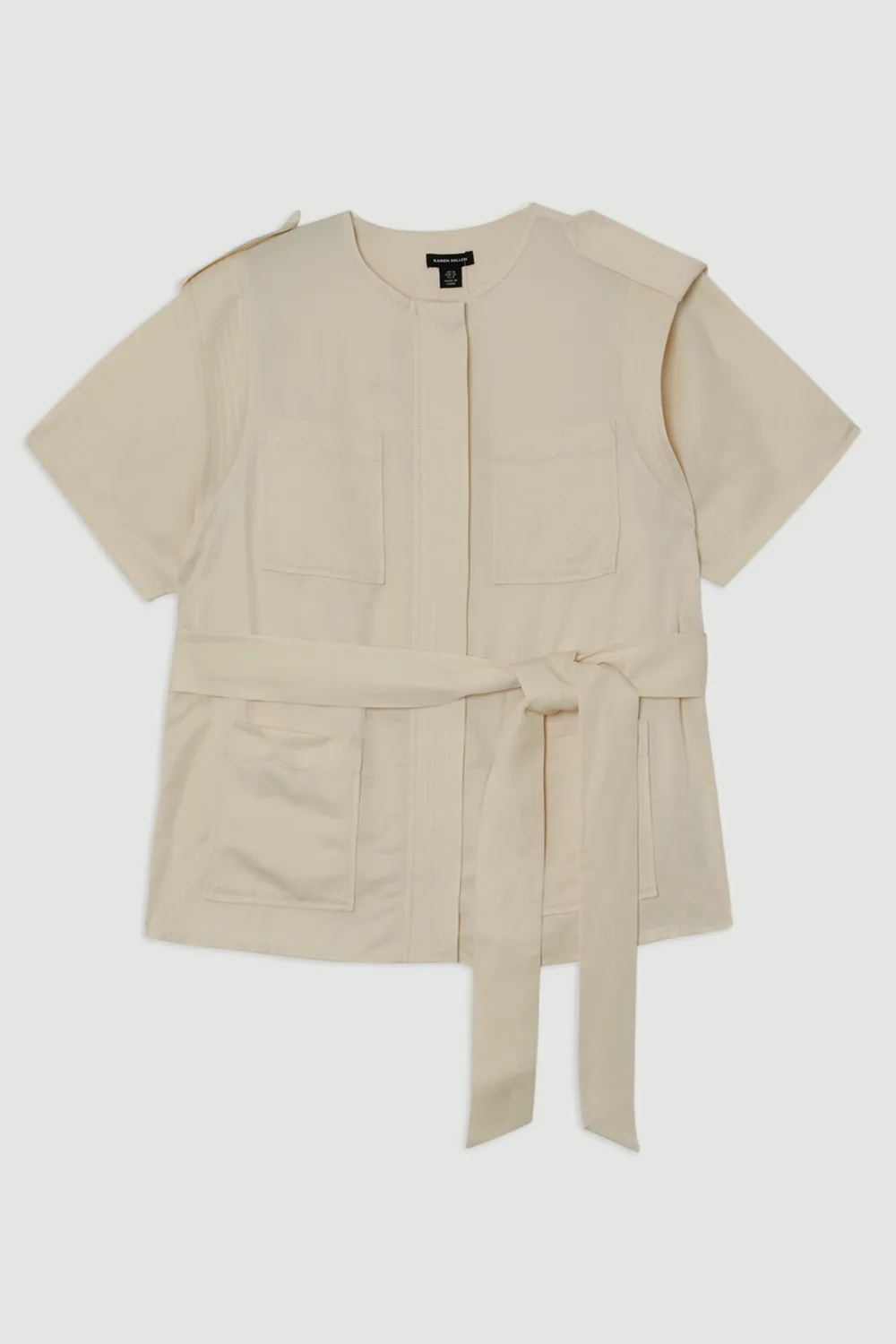 Linen Twill Top Stitch Belted Top With Gold Studs BKK25425