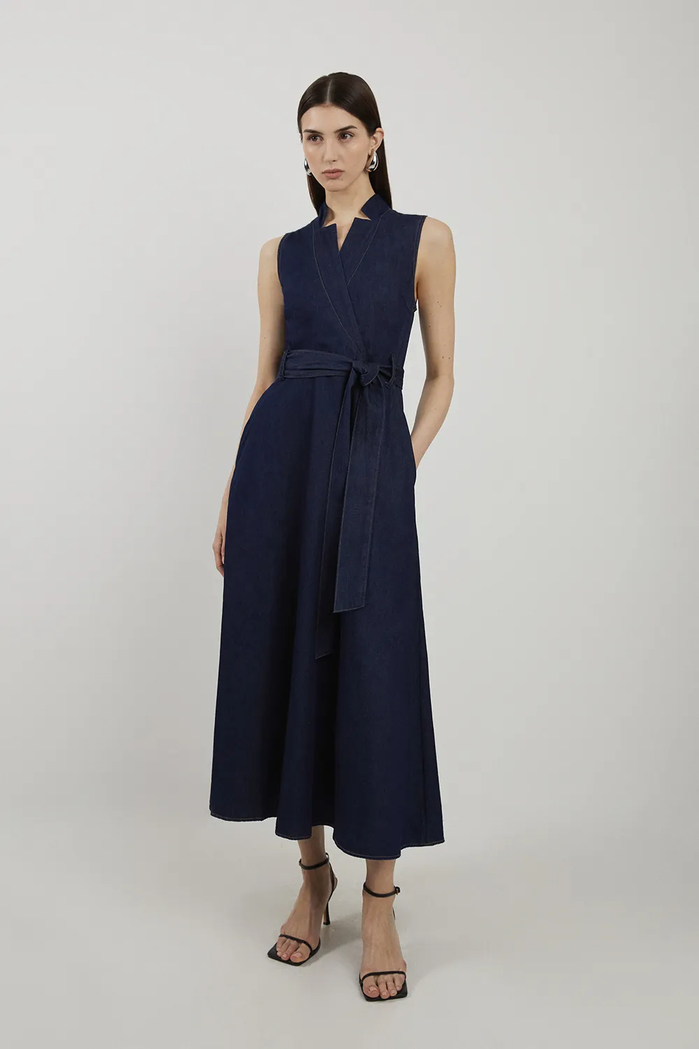 Petite Denim Tailored Notch Neck Belted Fluid Midi Dress BKK25434