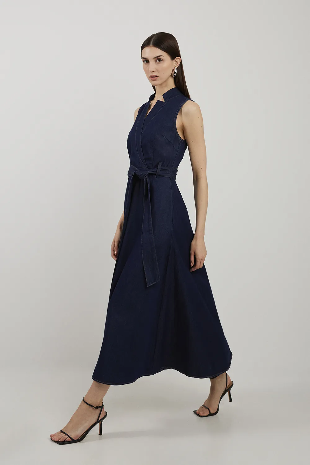 Petite Denim Tailored Notch Neck Belted Fluid Midi Dress BKK25434