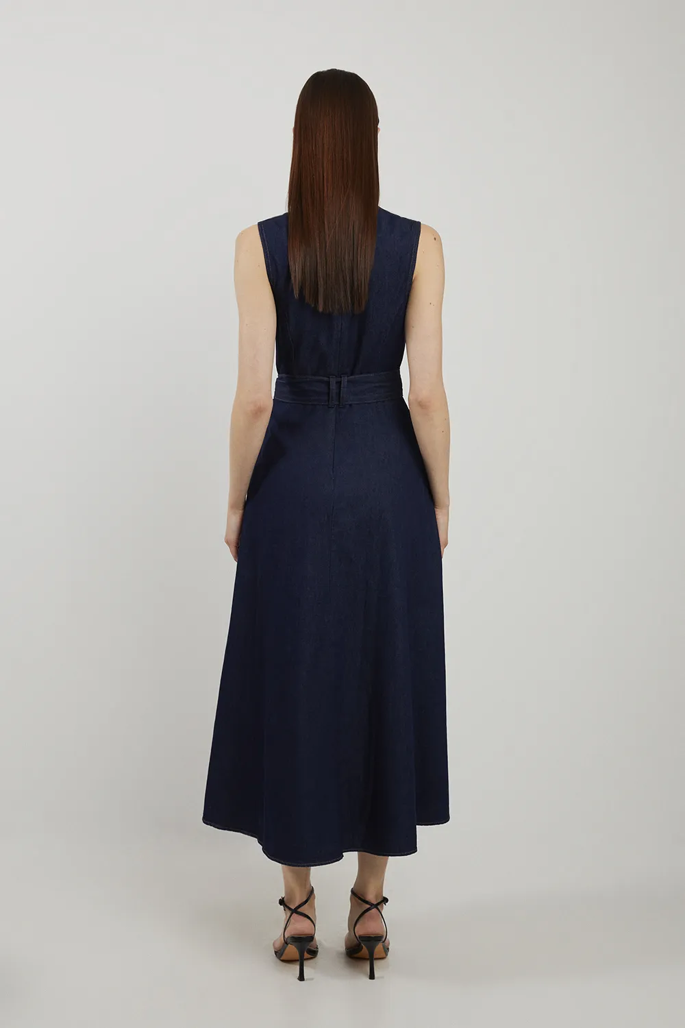 Petite Denim Tailored Notch Neck Belted Fluid Midi Dress BKK25434