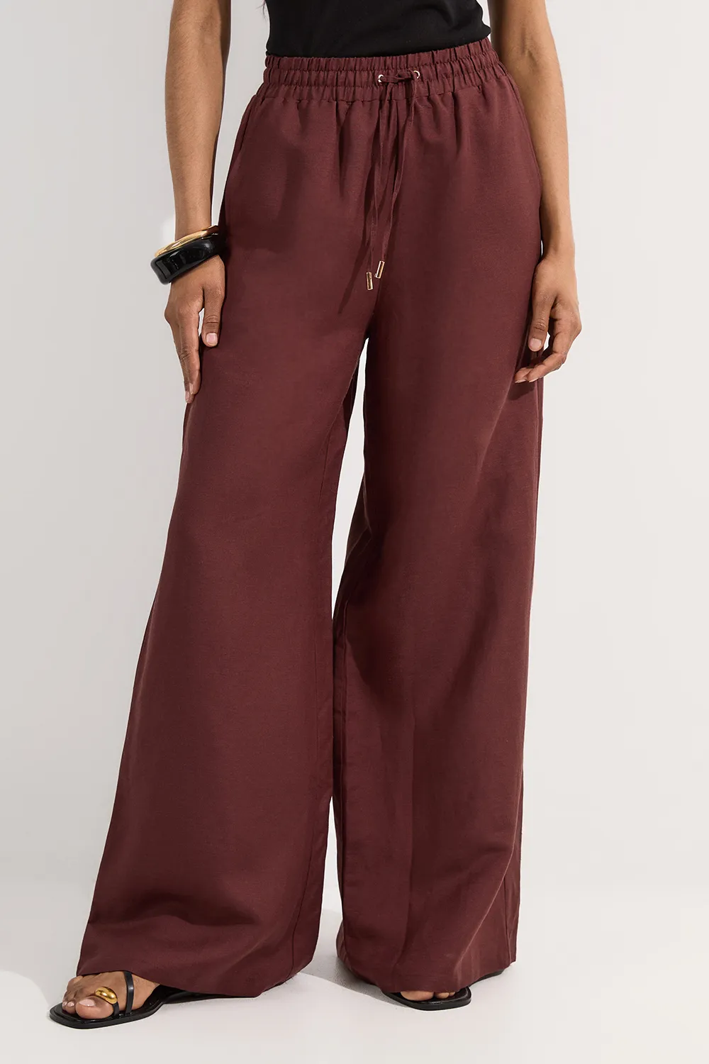 Viscose Linen Tie Waist Woven Pants BKK25443