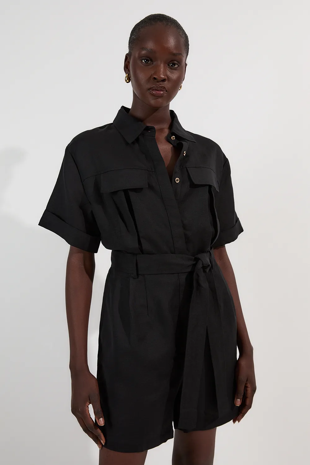 Viscose Linen Woven Belted Romper BKK25445