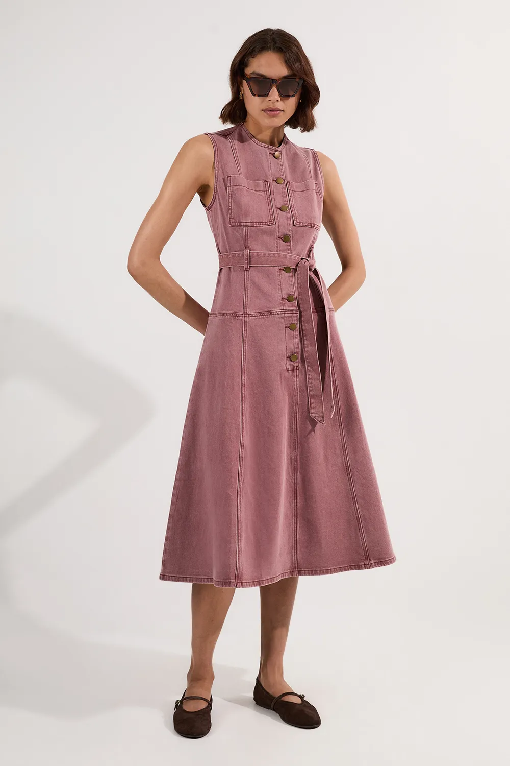 Colored Denim Belted Midi Dress BKK25449