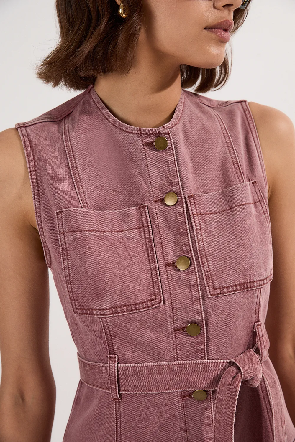 Colored Denim Belted Midi Dress BKK25449