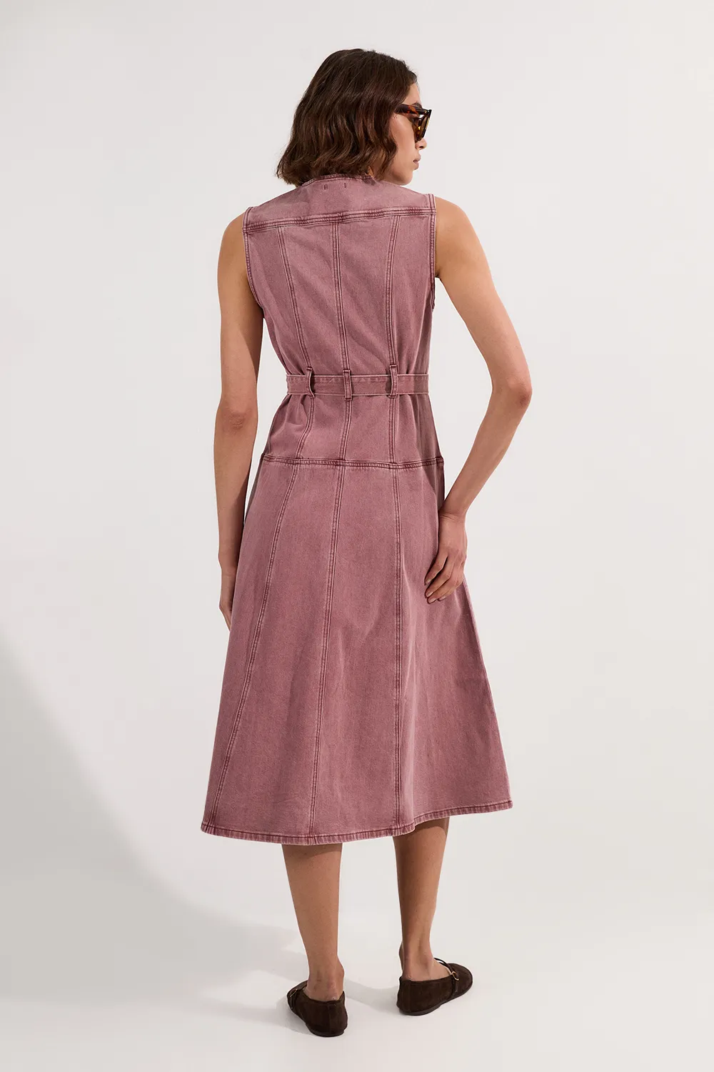 Colored Denim Belted Midi Dress BKK25449