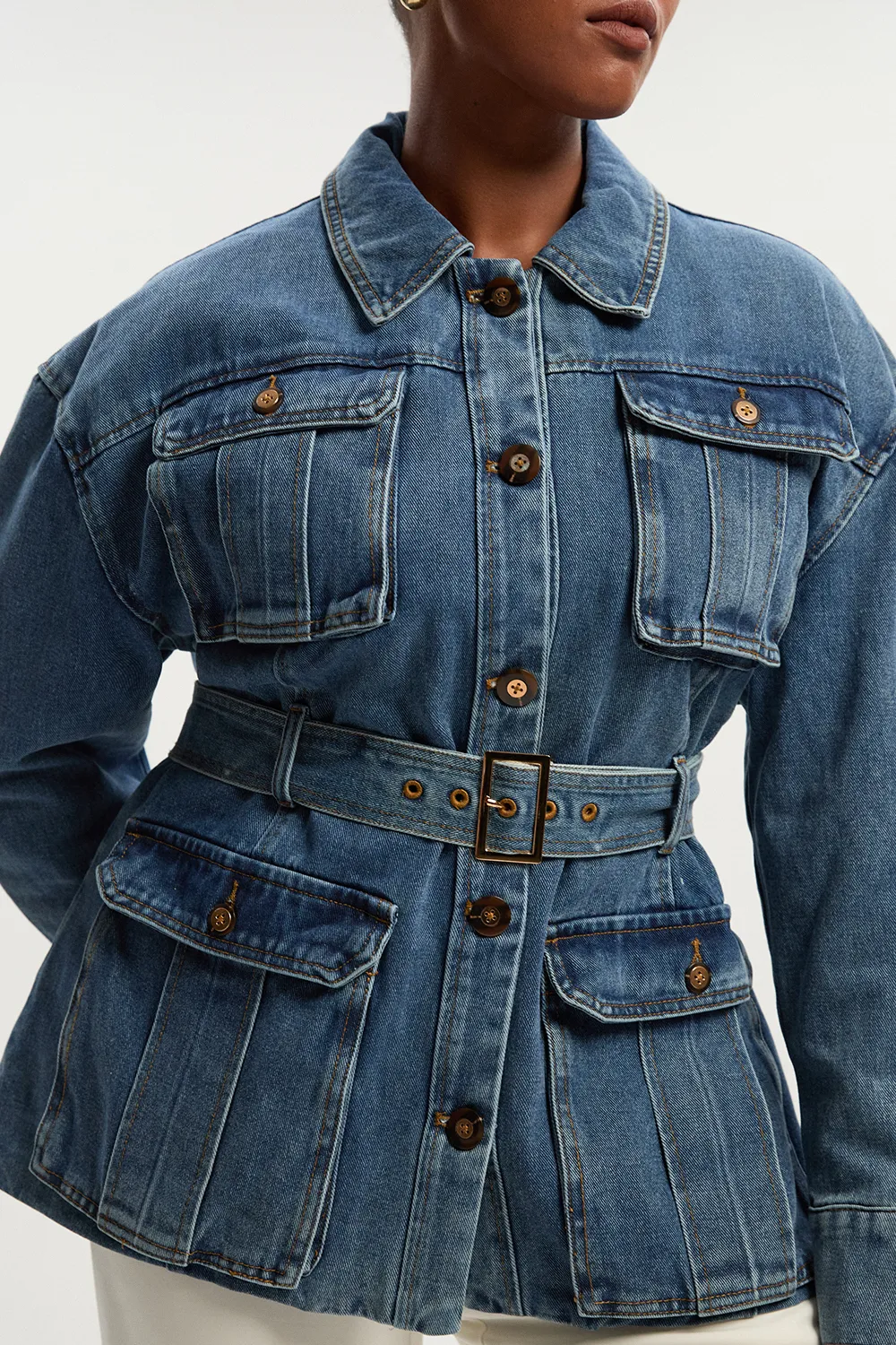 Plus Size Denim Pocket Detail Belted Safari Jacket BKK25467