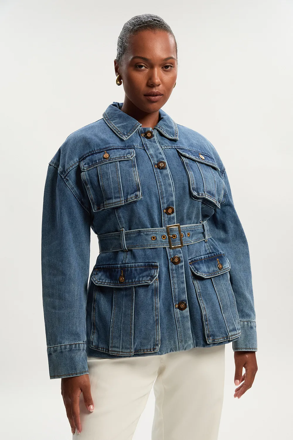 Plus Size Denim Pocket Detail Belted Safari Jacket BKK25467