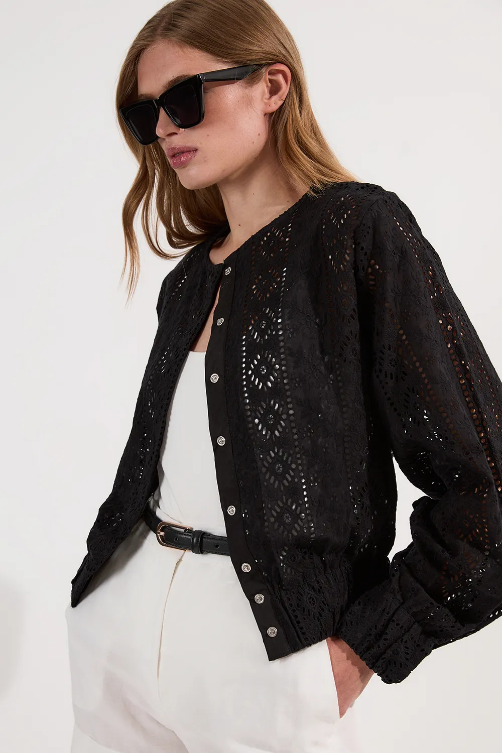 Cotton Eyelet Woven Bomber Jacket BKK25472