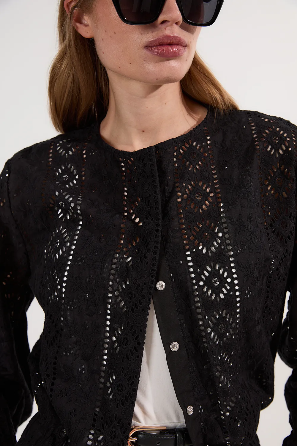 Cotton Eyelet Woven Bomber Jacket BKK25472