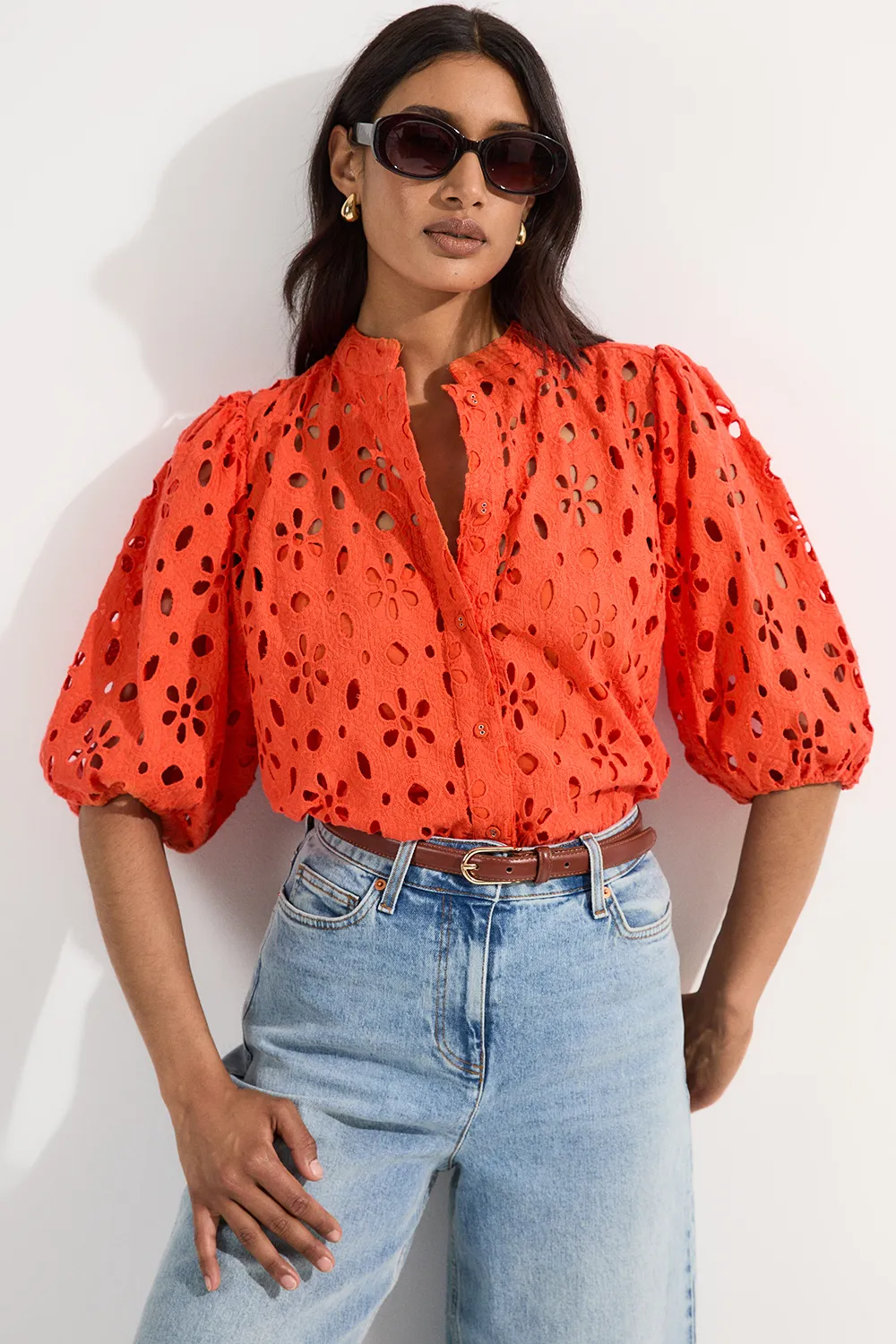 Cotton Eyelet Belted Short Sleeve Woven Blouse BKK25476