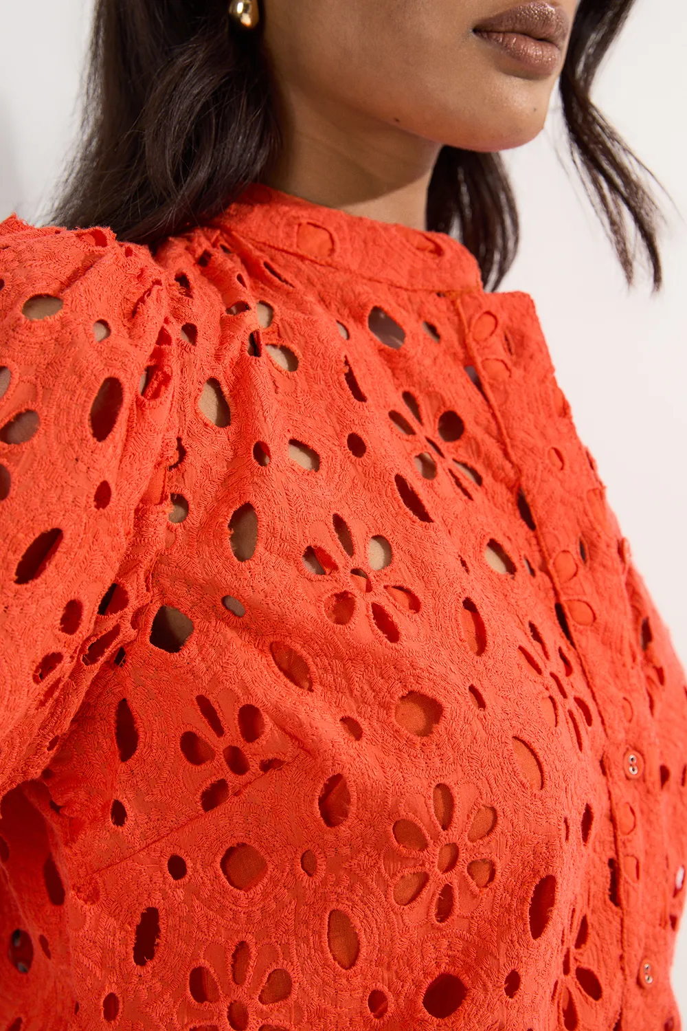 Cotton Eyelet Belted Short Sleeve Woven Blouse BKK25476