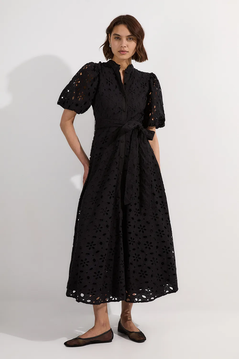 Cotton Eyelet Belted Short Sleeve Woven Midi Dress BKK25479