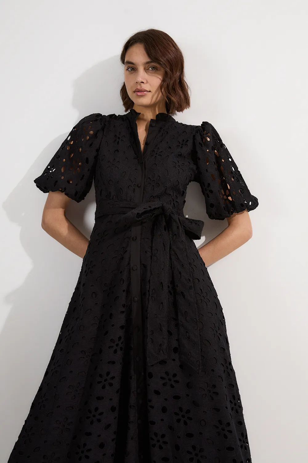 Cotton Eyelet Belted Short Sleeve Woven Midi Dress BKK25479