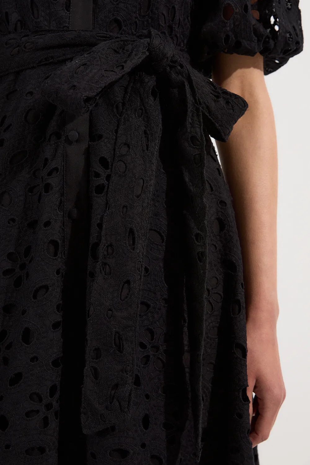 Cotton Eyelet Belted Short Sleeve Woven Midi Dress BKK25479