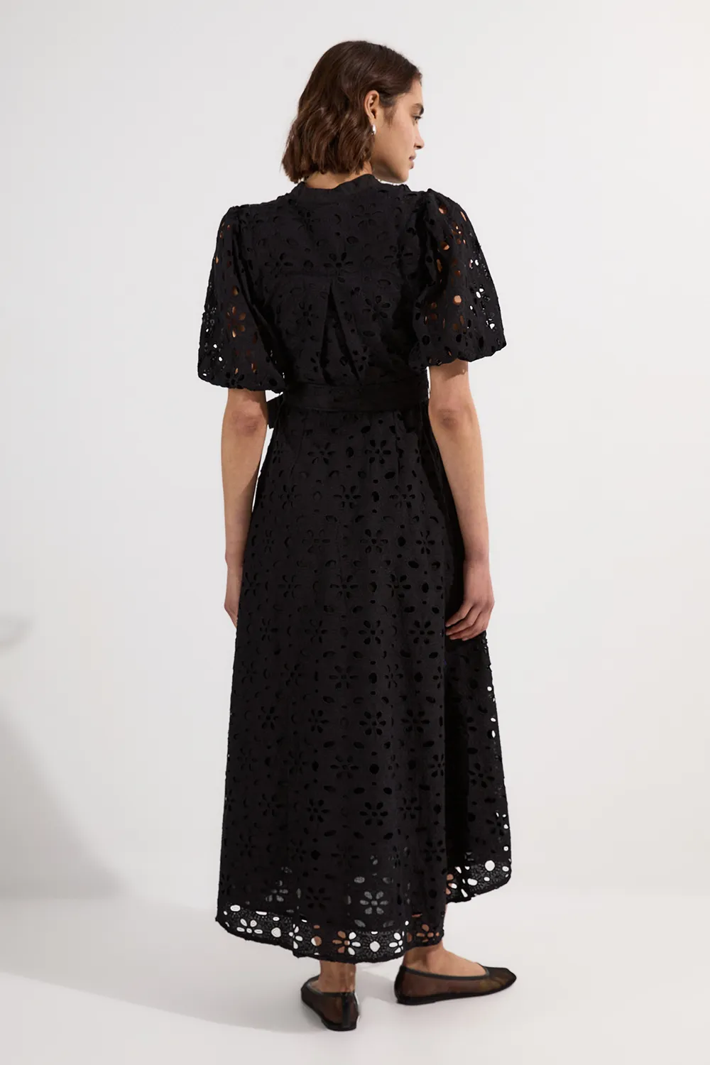 Cotton Eyelet Belted Short Sleeve Woven Midi Dress BKK25479