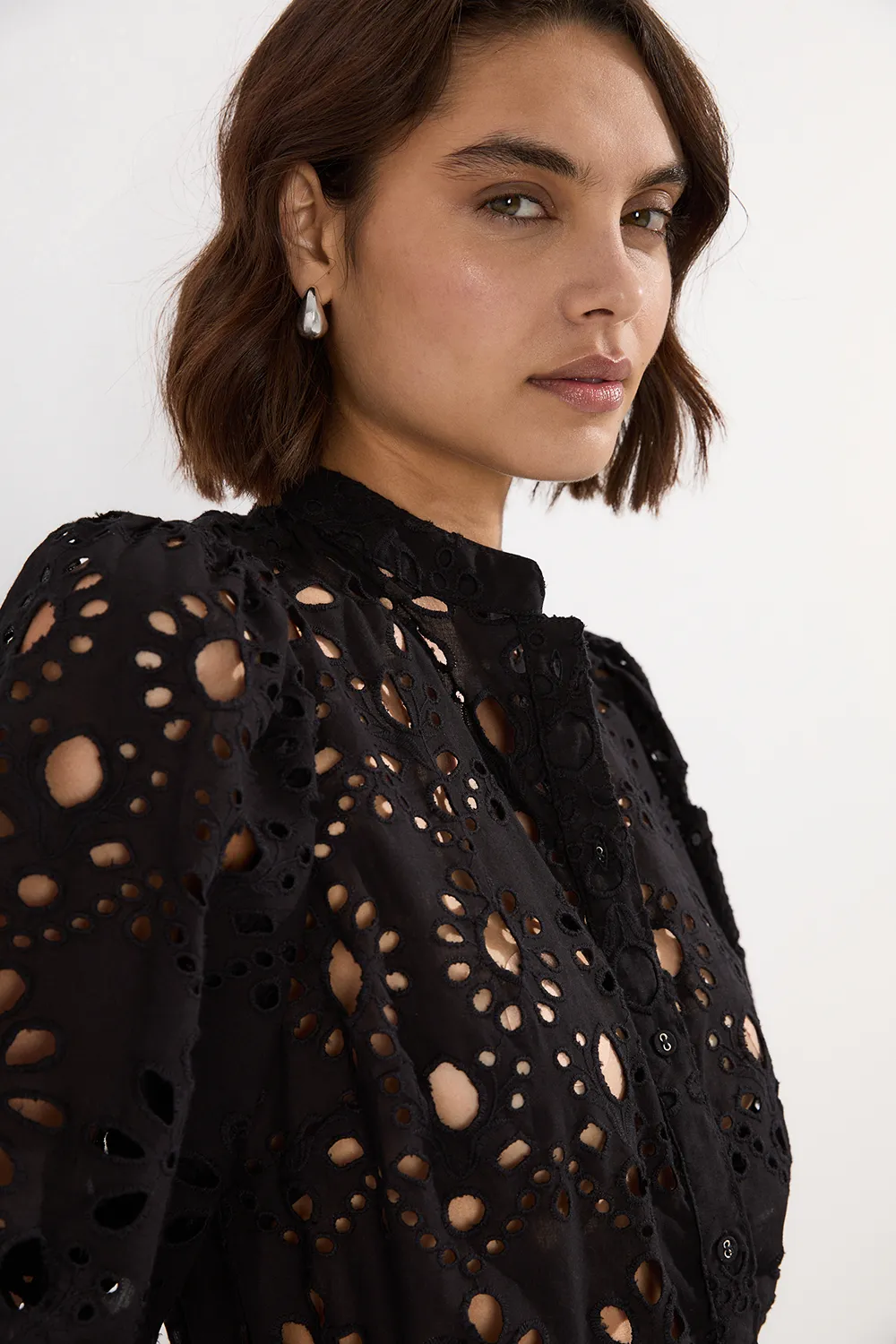 Cotton Eyelet Belted Short Sleeve Woven Blouse BKK25501