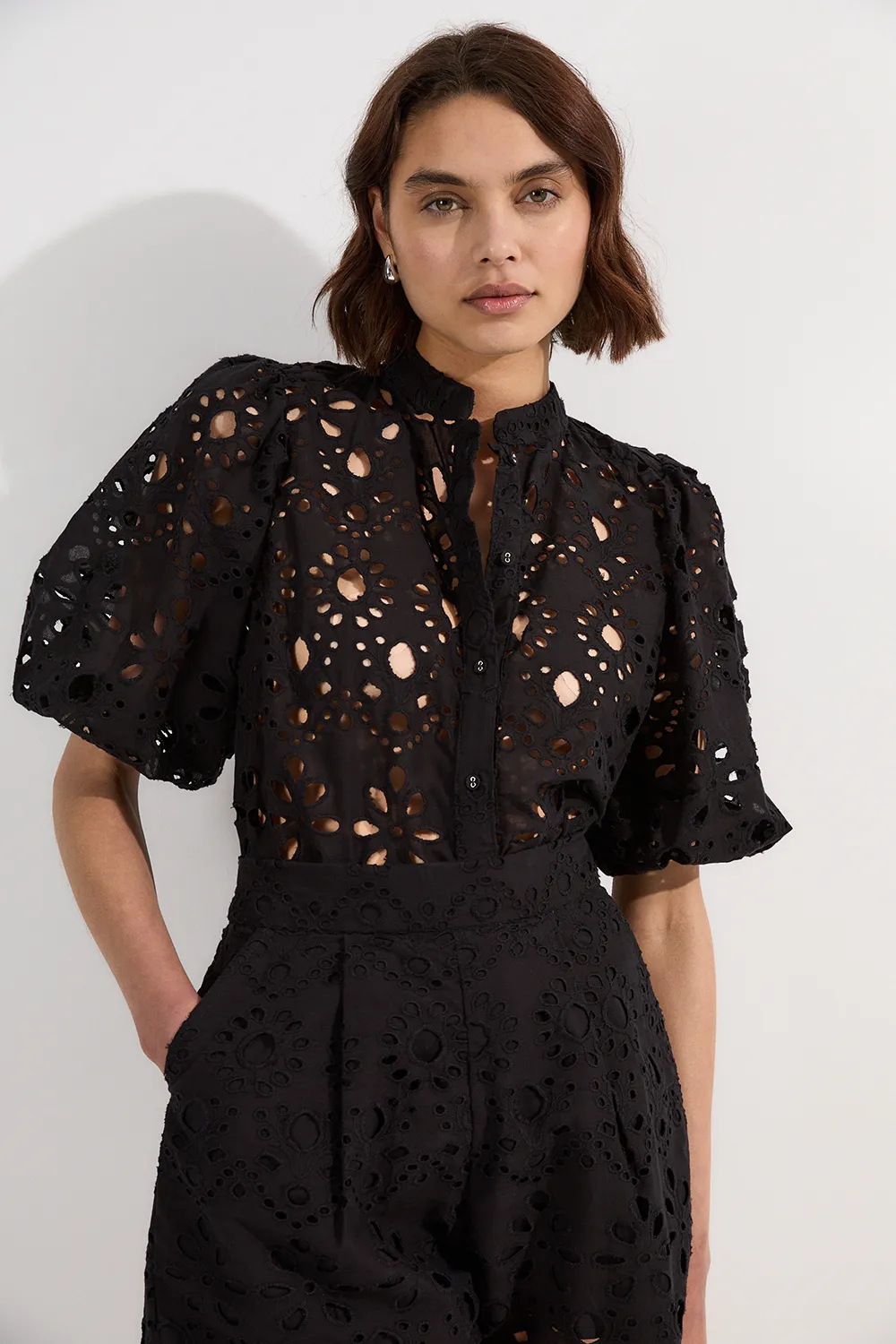 Cotton Eyelet Belted Short Sleeve Woven Blouse BKK25501