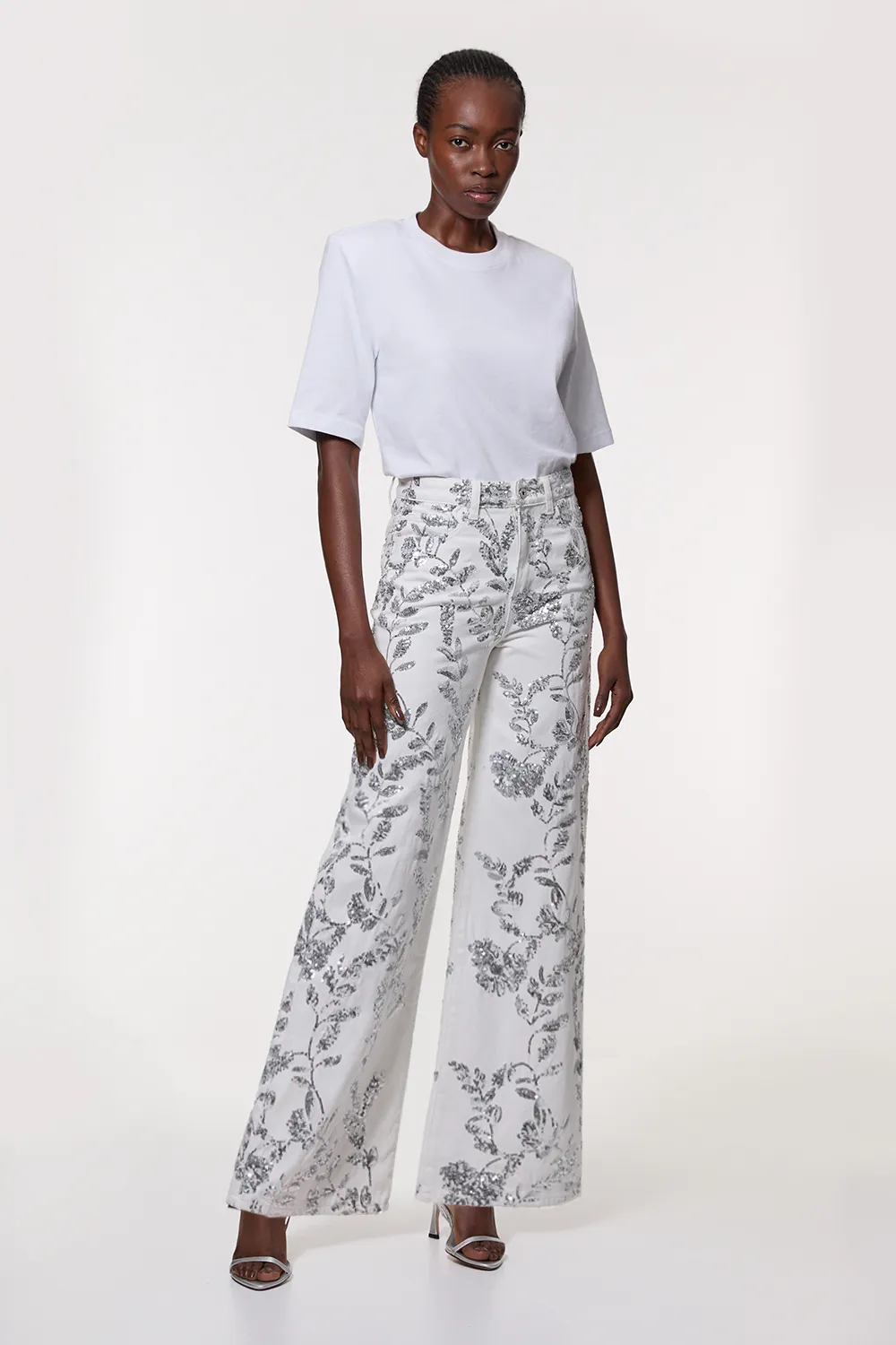 Denim All Over Floral Sequin Wide Leg Pants BKK25502