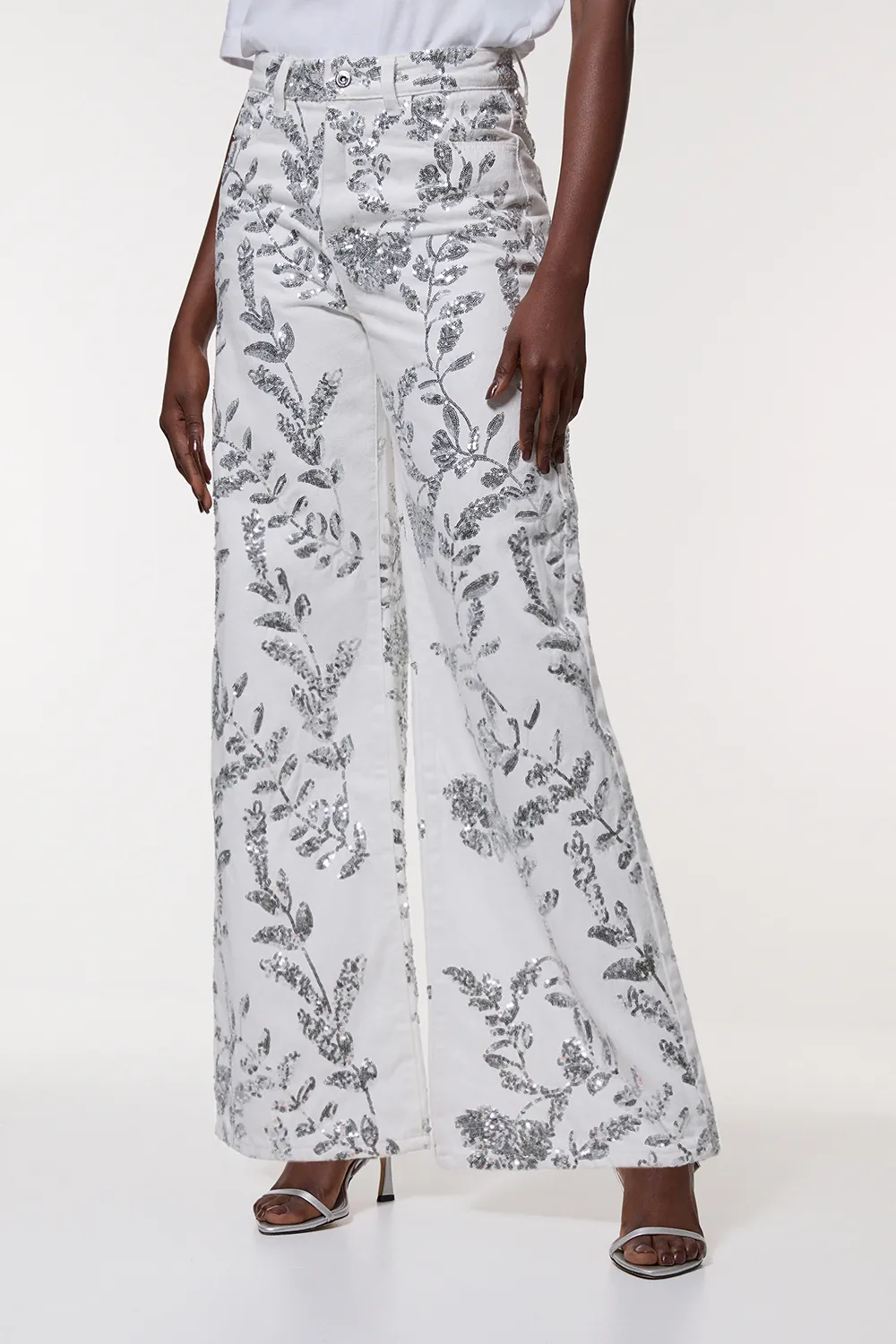 Denim All Over Floral Sequin Wide Leg Pants BKK25502