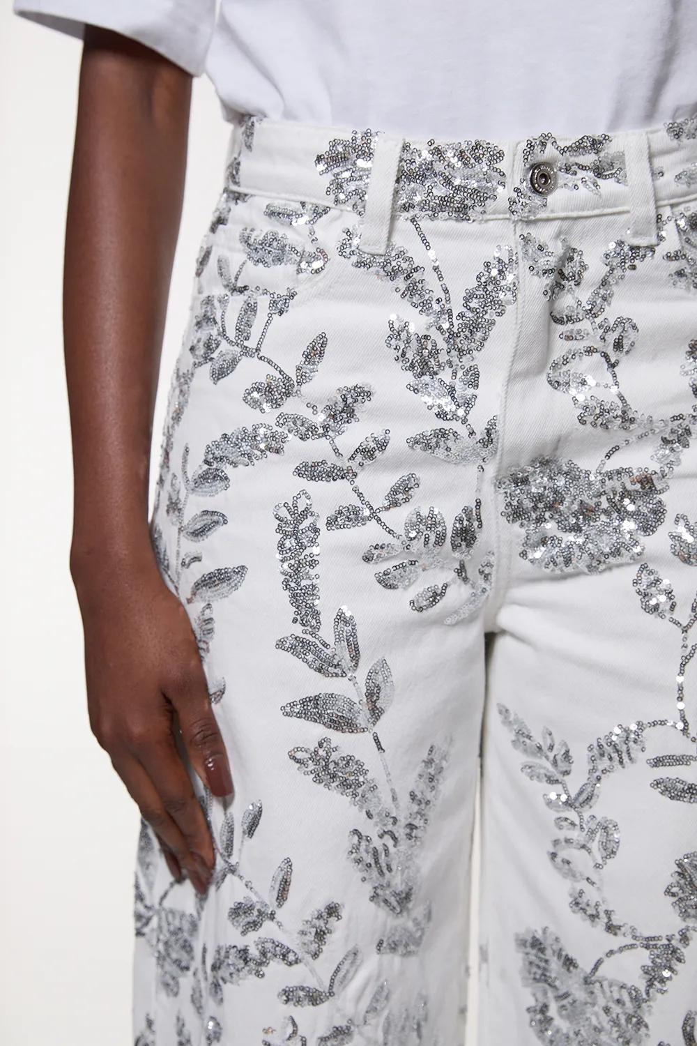 Denim All Over Floral Sequin Wide Leg Pants BKK25502