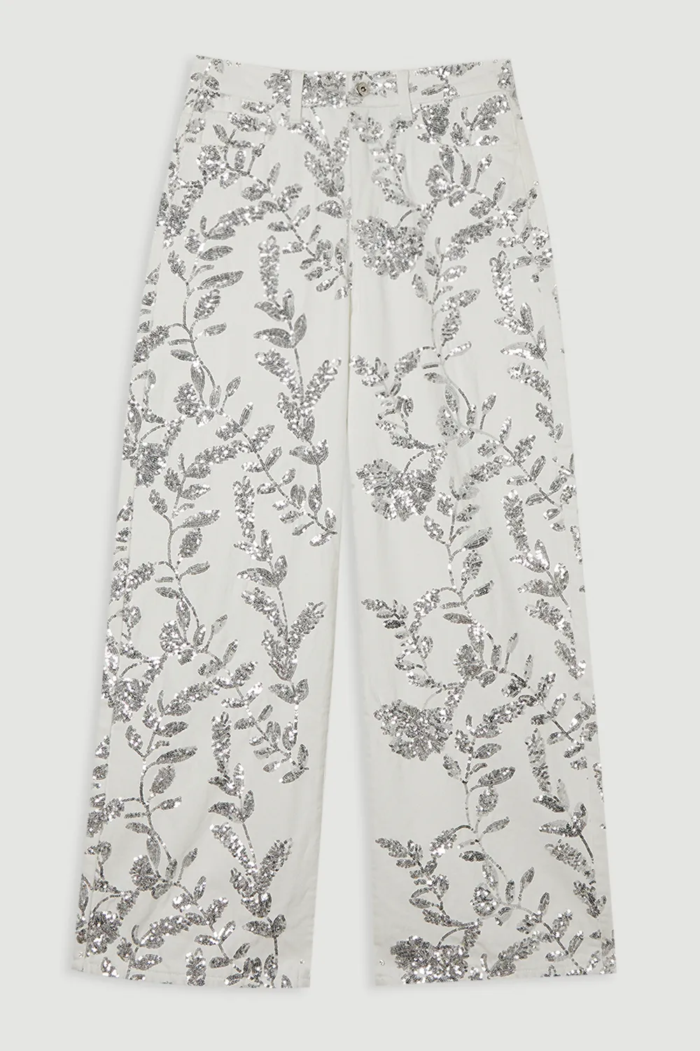 Denim All Over Floral Sequin Wide Leg Pants BKK25502