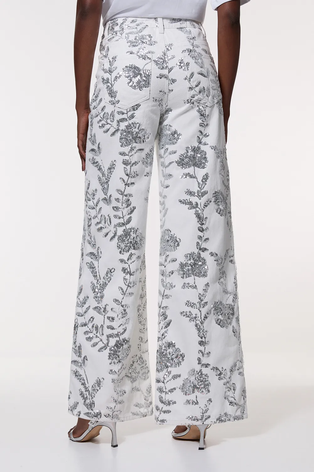 Denim All Over Floral Sequin Wide Leg Pants BKK25502