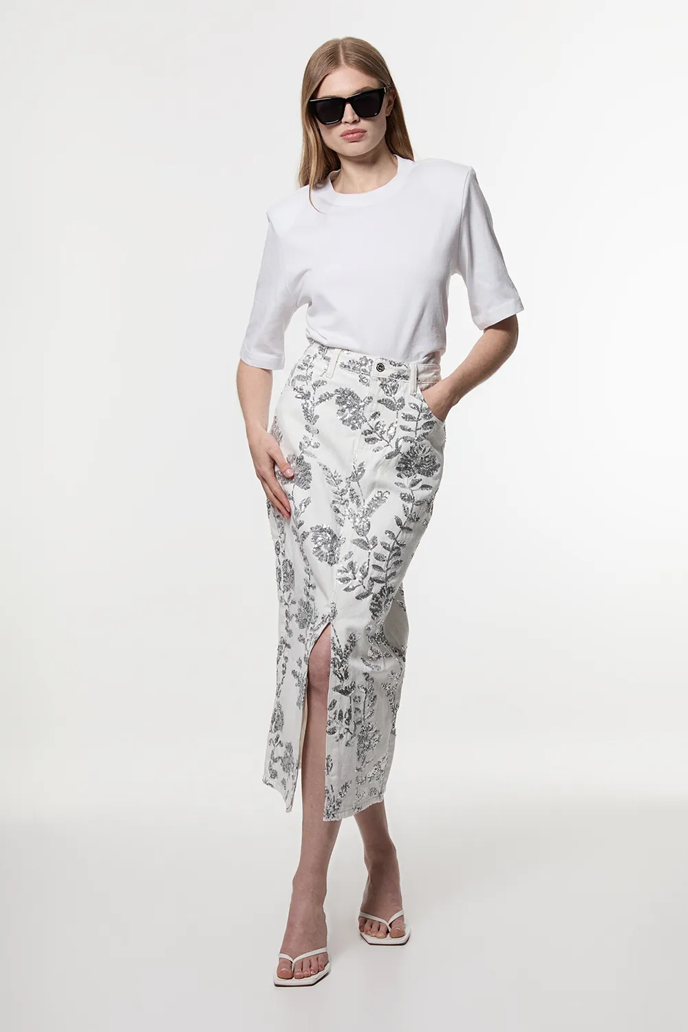 Denim All Over Floral Sequin Skirt BKK25503