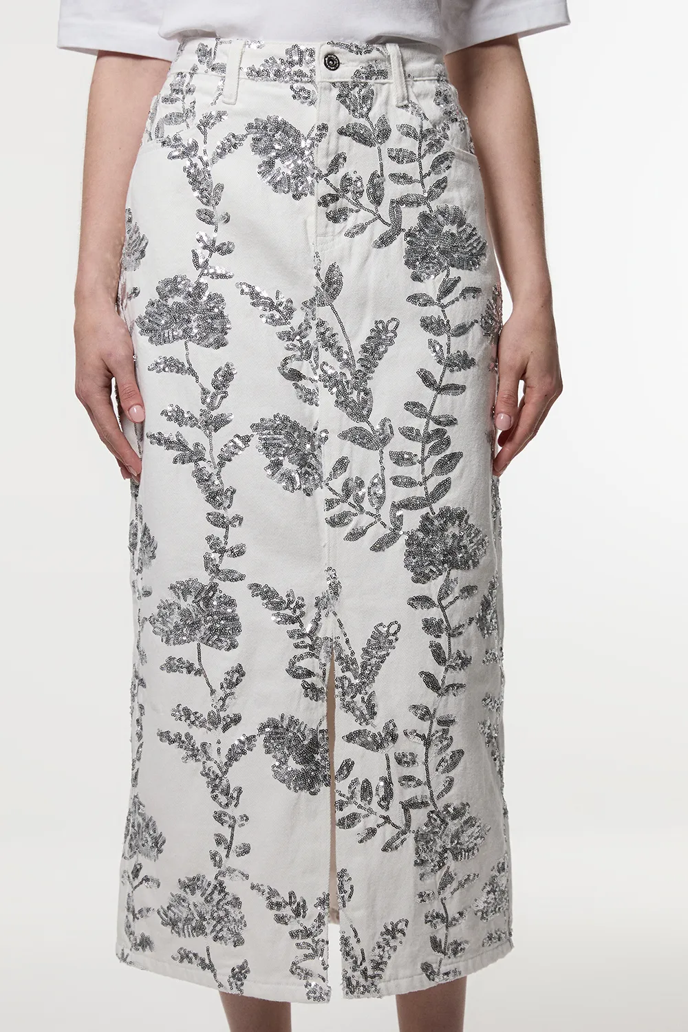 Denim All Over Floral Sequin Skirt BKK25503