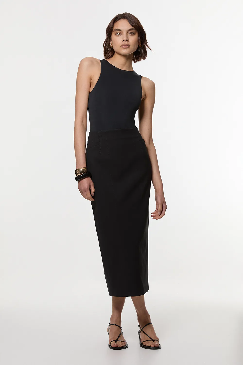 Compact Stretch Pocket Detail Tailored Midi Pencil Skirt BKK25558