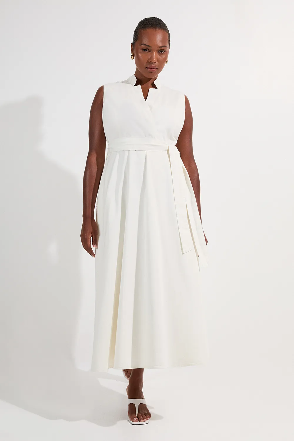 Plus Size Denim Tailored Notch Neck Belted Fluid Midi Dress BKK25580