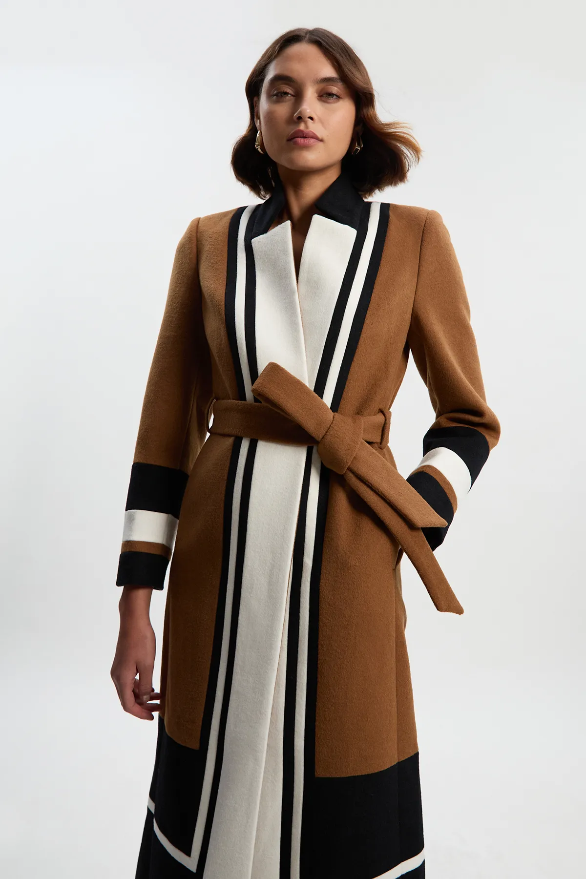 Brushed Wool Colour Block Tailored Belted Midi Coat BKK25592