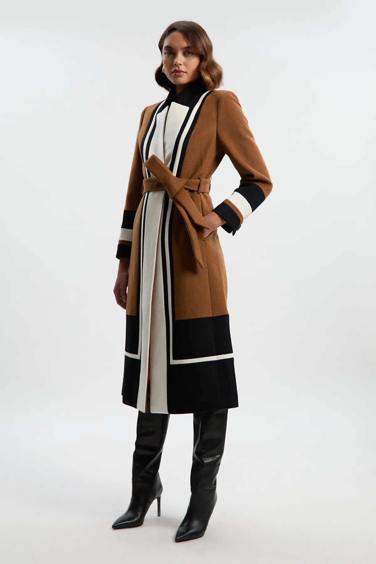 Brushed Wool Colour Block Tailored Belted Midi Coat BKK25592