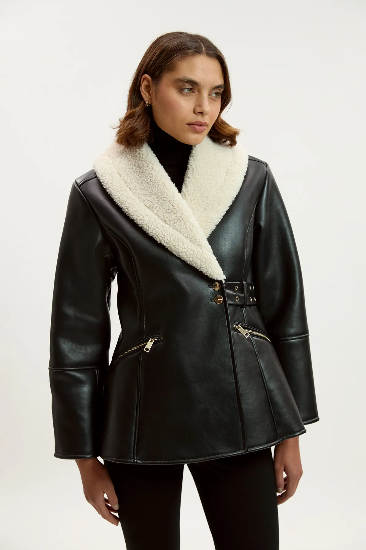 Faux Leather Bonded Waisted Peplum Coat BKK25602