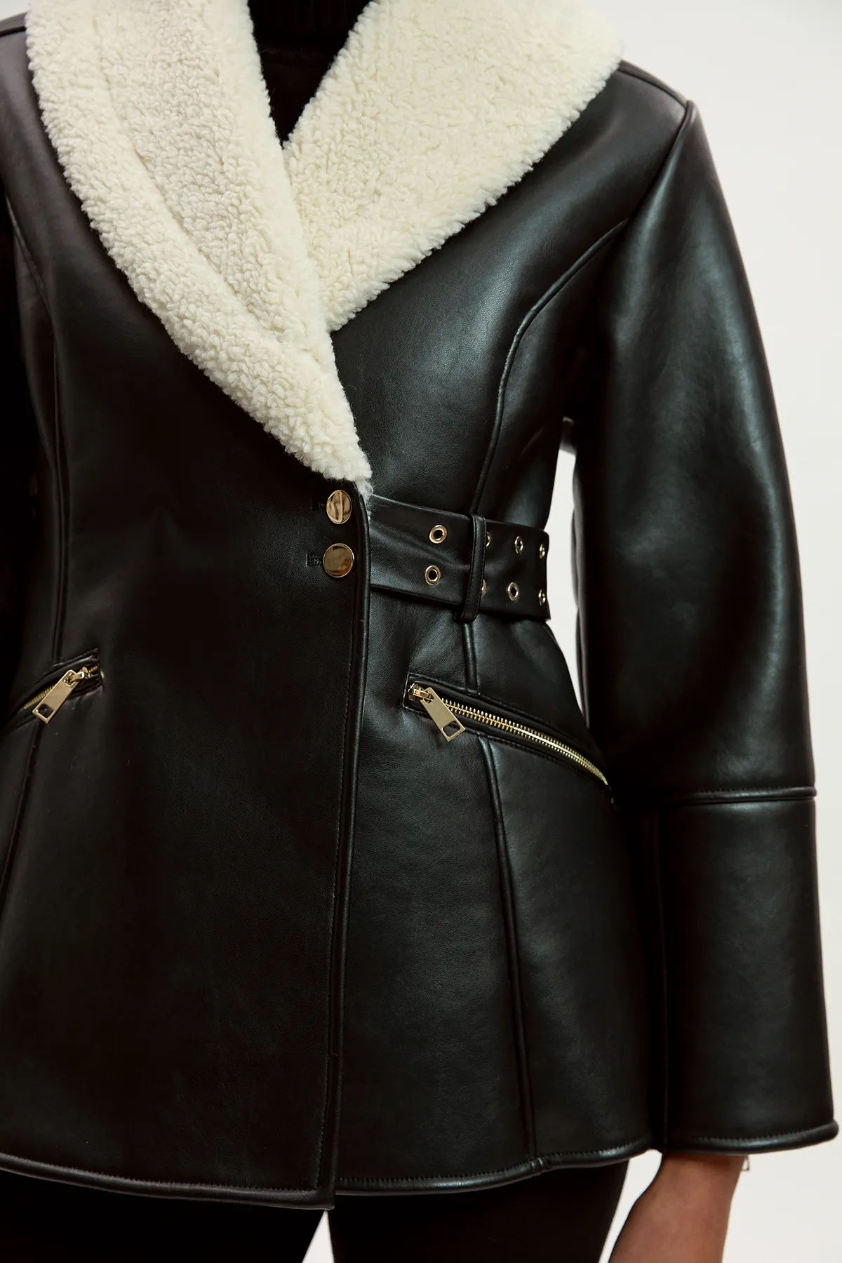 Faux Leather Bonded Waisted Peplum Coat BKK25602