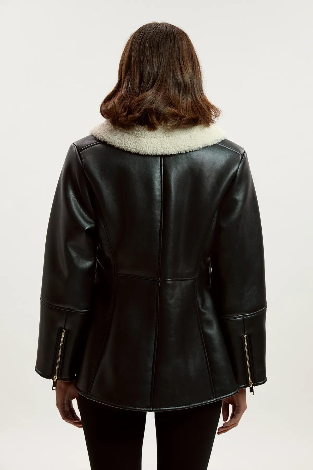 Faux Leather Bonded Waisted Peplum Coat BKK25602 3 Faux Leather Bonded Waisted Peplum Coat BKK25602