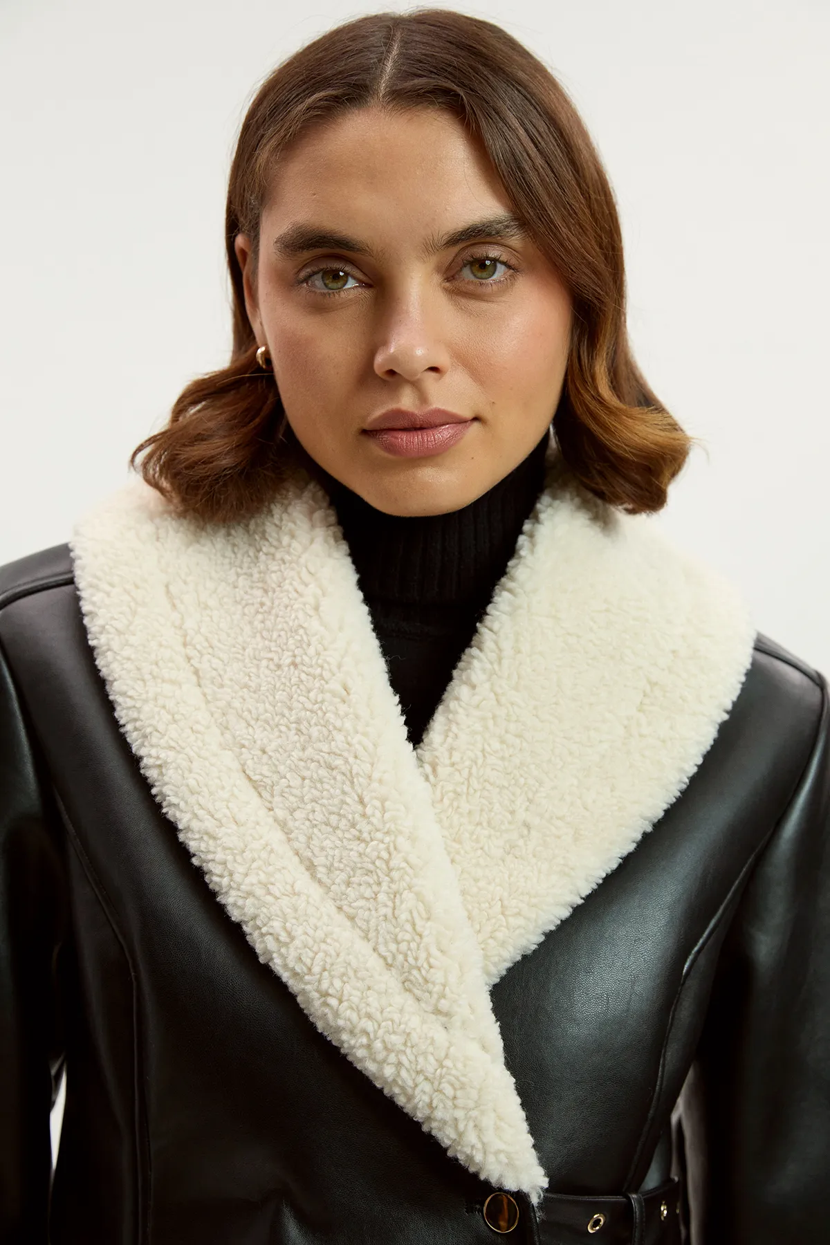 Faux Leather Bonded Waisted Peplum Coat BKK25602 4 Faux Leather Bonded Waisted Peplum Coat BKK25602