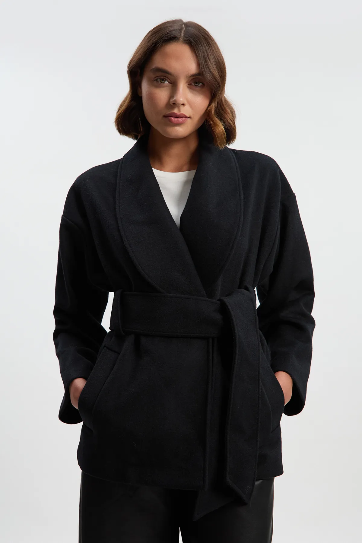 Brushed Wool Belted Wrap Tailored Short Coat BKK25619