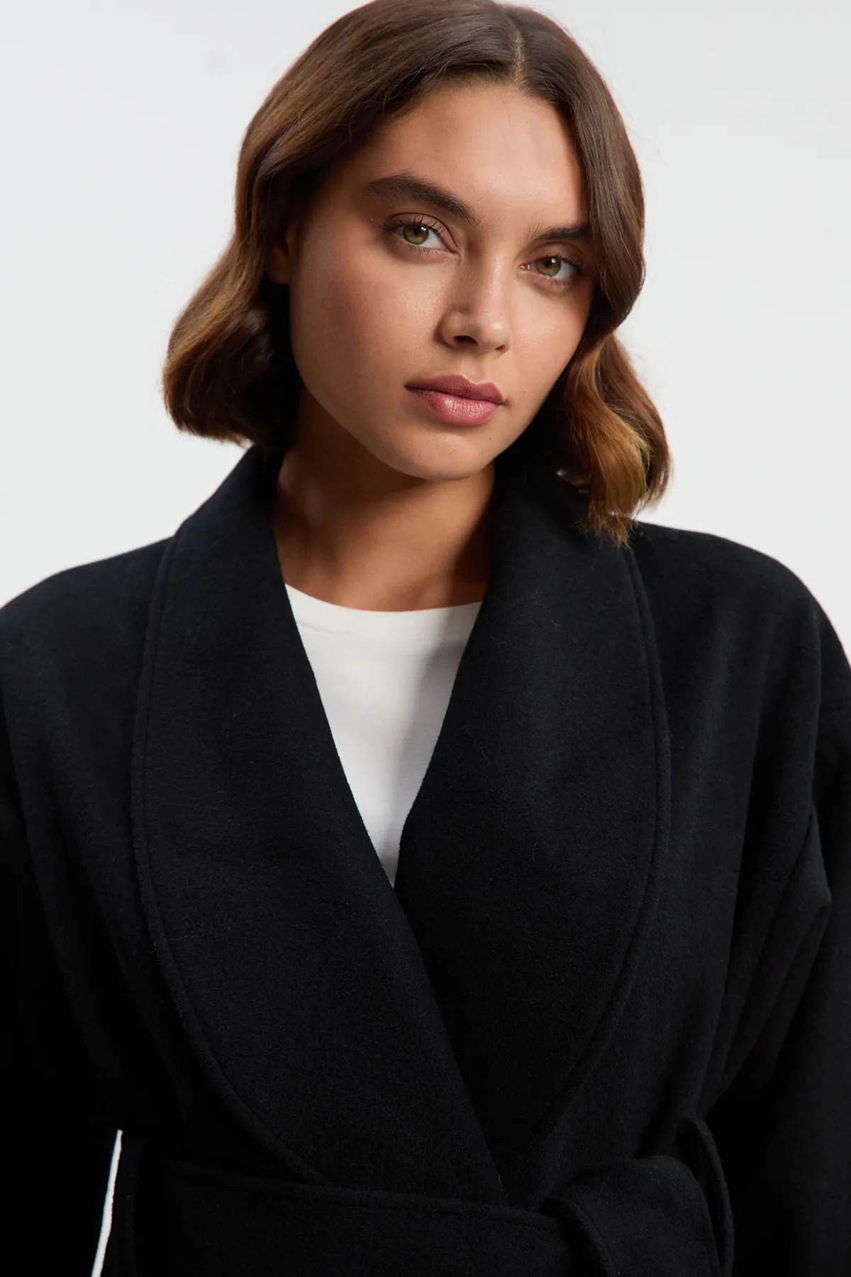 Brushed Wool Belted Wrap Tailored Short Coat BKK25619